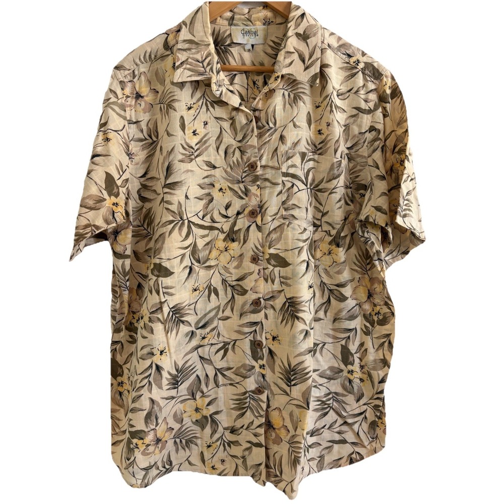 VTG Casual Elements Reitmans Plus Size 1X Tropical Hawaiian Cotton Shirt Beige
